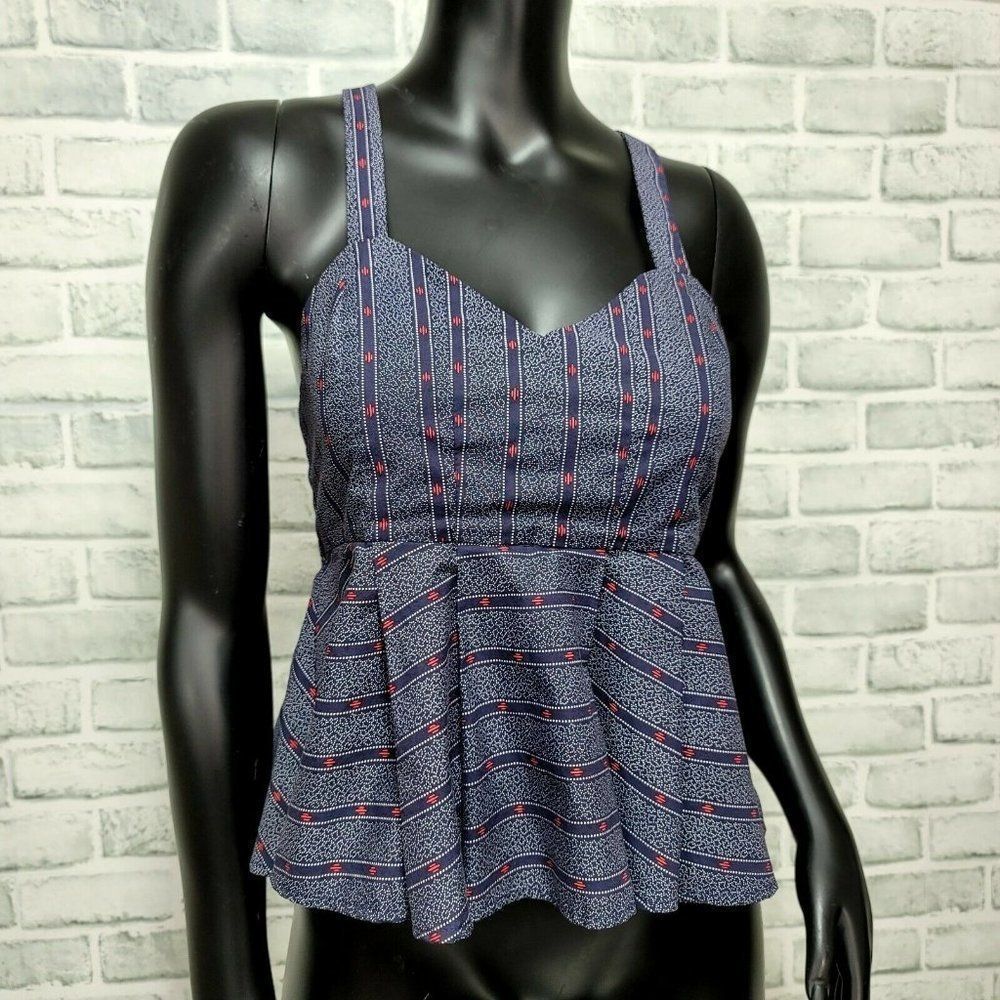 1.State S Cross Back Peplum Tank Top‎ Sleeveless Blouse Navy Blue Red Pattern